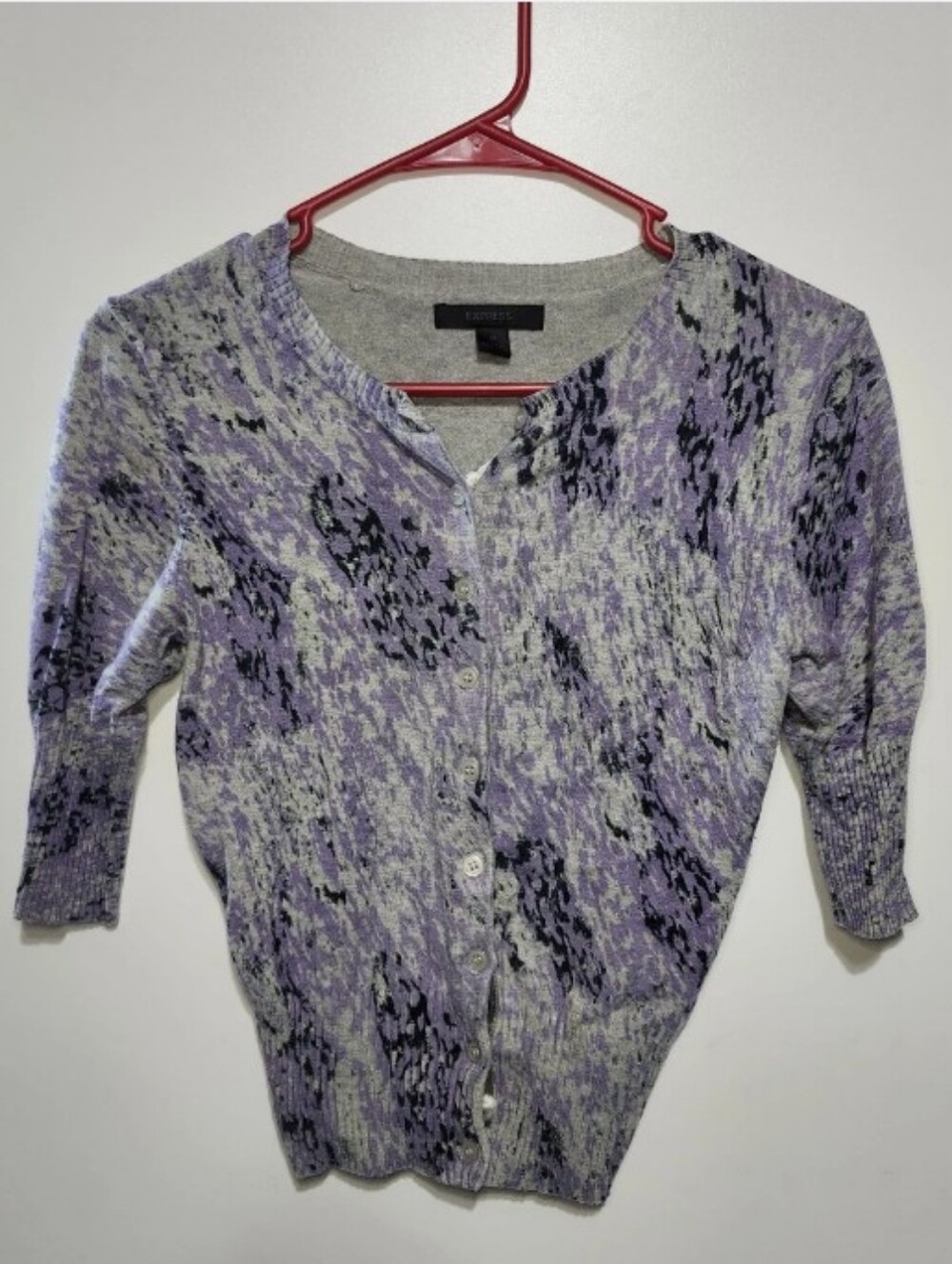 Express Lavender and Gray Abstract Cropped Cardigan